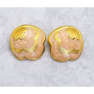 Vintage Gold Tone Art Nouveau Shell Stud Earrings - CT1